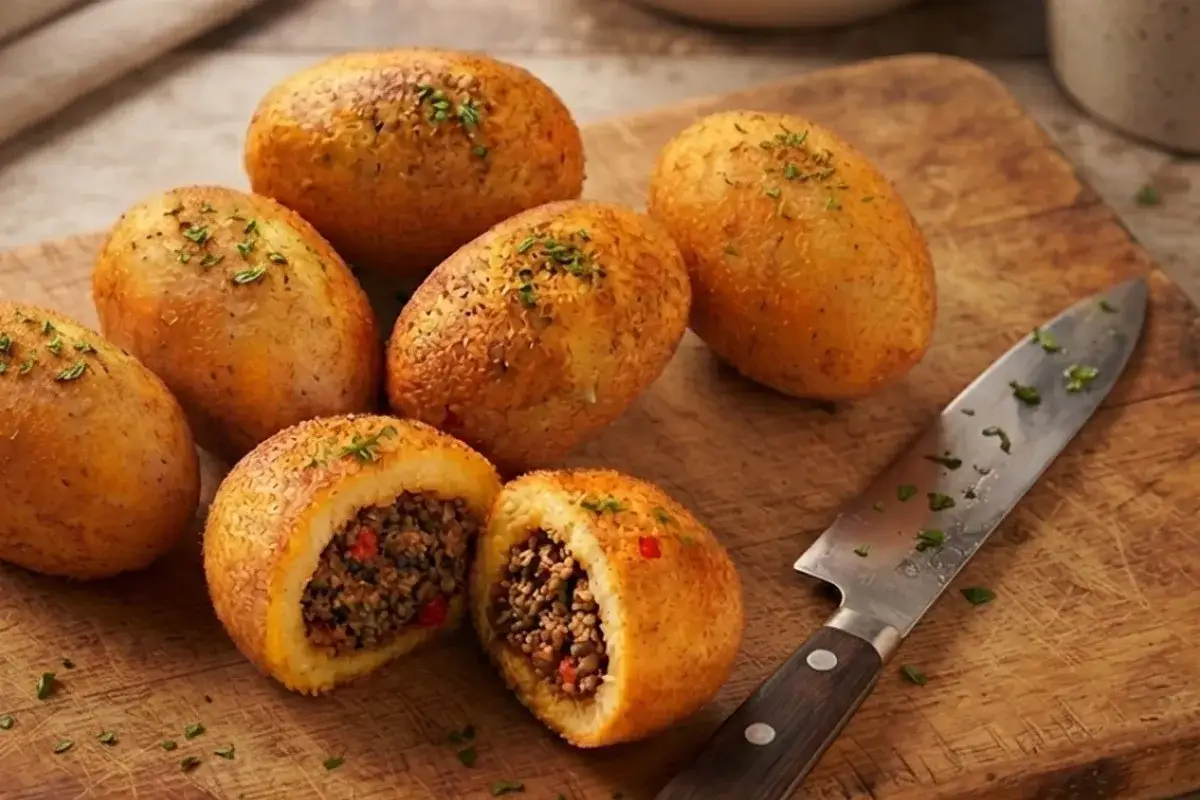 Patatas rellenas doradas y crujientes, una de ellas cortada para mostrar su sabroso interior de carne picada. Un cuchillo de chef descansa cerca.