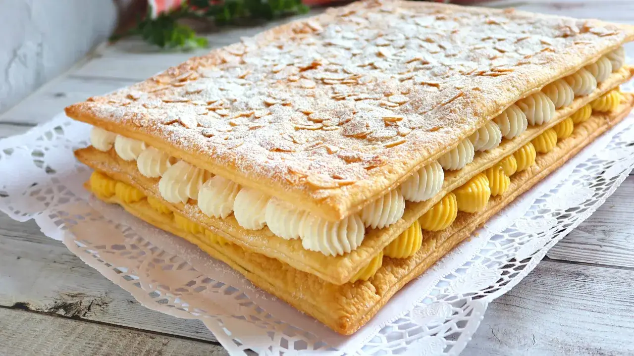 Delicioso milhojas de crema con capas de hojaldre crujiente, crema pastelera amarilla y nata montada blanca, espolvoreado con az&uacute;car glas y almendras laminadas.