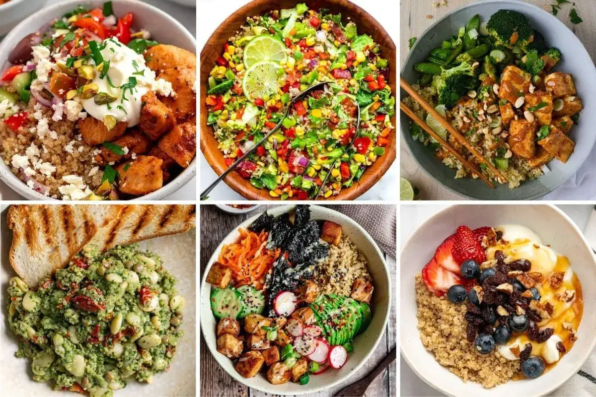 Seis deliciosos platos de quinoa con verduras: ensaladas vibrantes, bowls nutritivos y un postre dulce.
