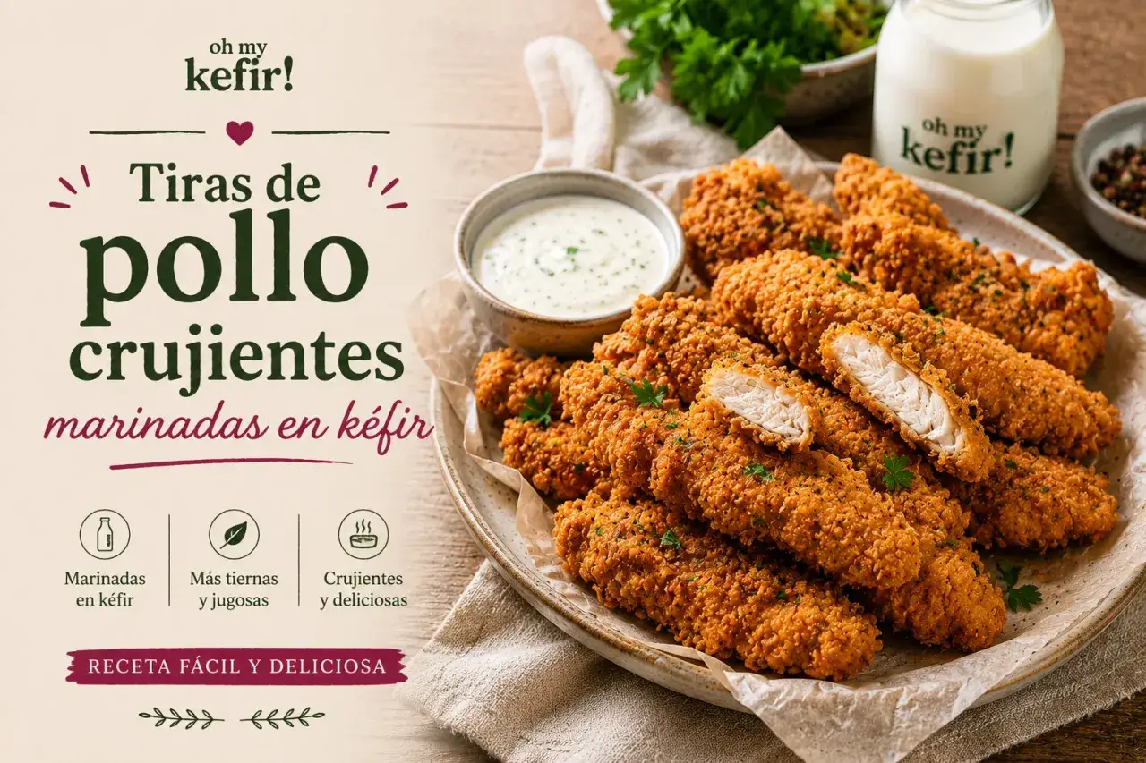 Tiras de pollo crujientes marinadas en k&eacute;fir, tiernas y jugosas. &iexcl;Una receta f&aacute;cil y deliciosa!