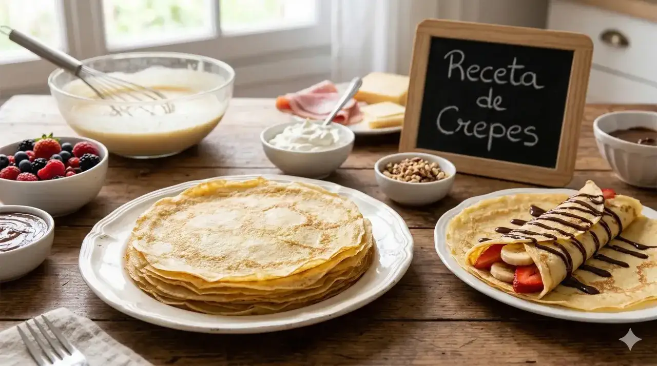Mesa con ingredientes para preparar crepes: masa, frutas, crema, chocolate y un cartel que dice
