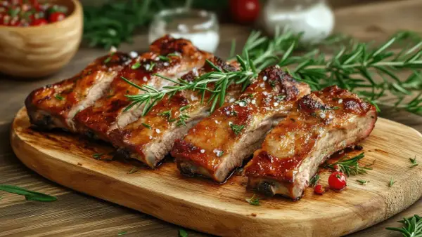 Costillas a la barbacoa jugosas y glaseadas, adornadas con romero fresco y sal gruesa, listas para disfrutar.